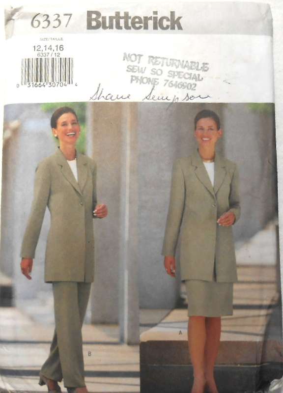 BUTTERICK 6337 JACKET-SKIRT-PANTS SIZE 12-14-16 COMPLETE-UNCUT-F/FOLDED