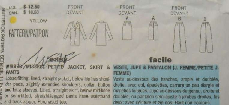 BUTTERICK 6337 JACKET-SKIRT-PANTS SIZE 12-14-16 COMPLETE-UNCUT-F/FOLDED