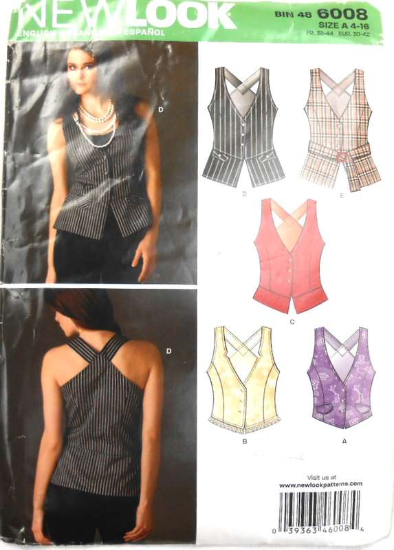 NEW LOOK PATTERNS 6008 TOPS OR WAISTCOATS SIZES 4-16 CUT TO SIZE 14-5TIE END NOT SUPPLIED