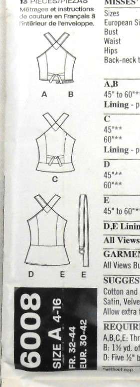 NEW LOOK PATTERNS 6008 TOPS OR WAISTCOATS SIZES 4-16 CUT TO SIZE 14-5TIE END NOT SUPPLIED