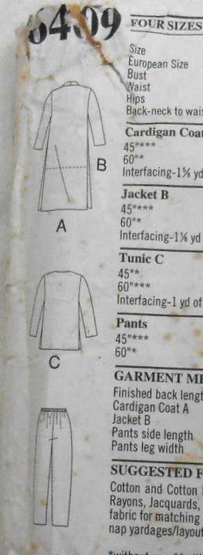 NEW LOOK PATTERNS 6409 COAT-TOP-PANTS SIZES S-M-L-XL (10-24) COMPLETE CUT TO S (10-12