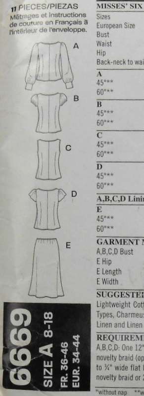 NEW LOOK PATTERNS 6669 HIGH BODICE TOPS & SKIRT SIZES 8-18 COMPLETE-MOSTLY UNCUT CUT TO 18