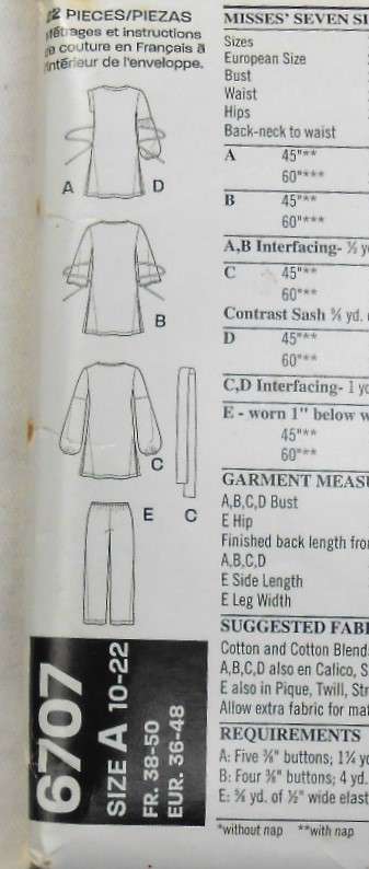 NEW LOOK PATTERNS 6707 TOP WITH BODICE FEATURESASH-PANTS SIZES 10-22 COMPLETE-CUT TO 12