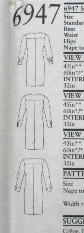 NEW LOOK 6947 FRONT BUTTON DRESS WITH LONG SLEEVE OPTIONS SIZE 6-16 COMPLETE CUT TO 16