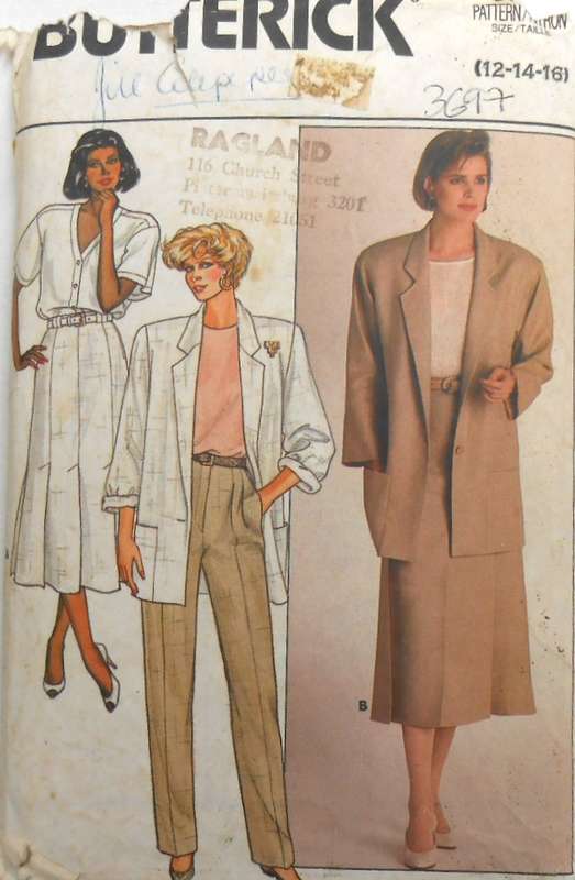 BUTTERICK 3697 JACKET-SKIRT-PANTS SIZE 12-14-16 COMPLETE
