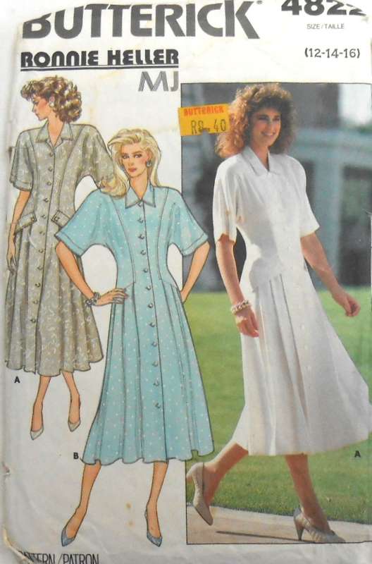 BUTTERICK 4822 SEMI FITTED, FRONT BUTTON FLARED DRESS COMPLETE- SIZE 12-14-16-CUT TO 14