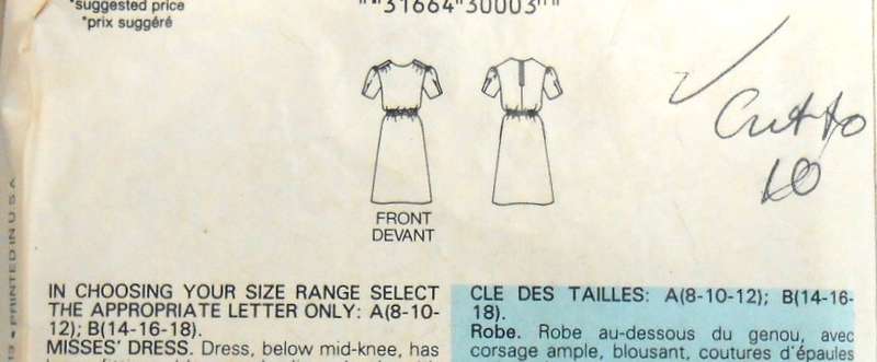 BUTTERICK 5305 DRESS WITH LOOSE FITTING BLOUSON BODICE SIZE 8-10-12-COMPLETE-CUT TO 10