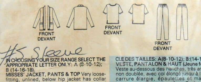 BUTTERICK 5515 JACKET-TOP-PANTS SIZE 14-16-18 - PATTERN INCOMPLETE 5-SLEEVE NOT SUPPLIED