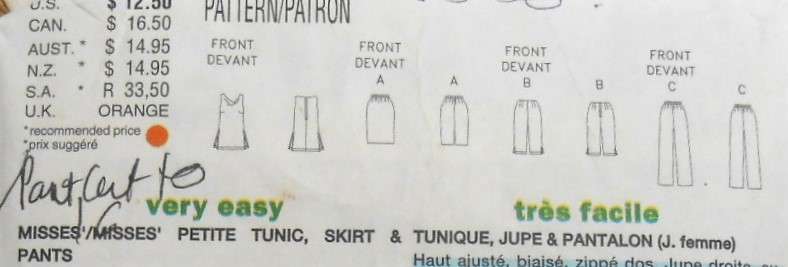 BUTTERICK 6648 TUNIC-SKIRT-PANTS SIZE 12-14-16 COMPLETE-PART CUT TO 16