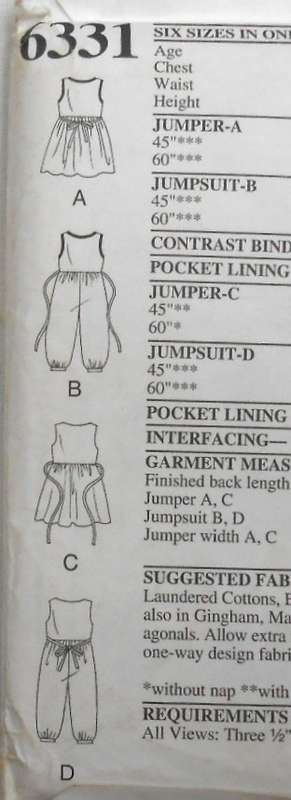 NEW LOOK 6331 KIDS DRESS-PINAFORE-JUMPSUIT SIZE 3-8 YEARS COMPLETE- DRESS PART CUT TO 8