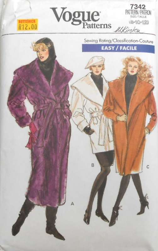 VOGUE 7342 LOOSE FIT A-LINE-LINED WRAP COAT SIZE 8-10-12 COMPLETE-CUT TO 12