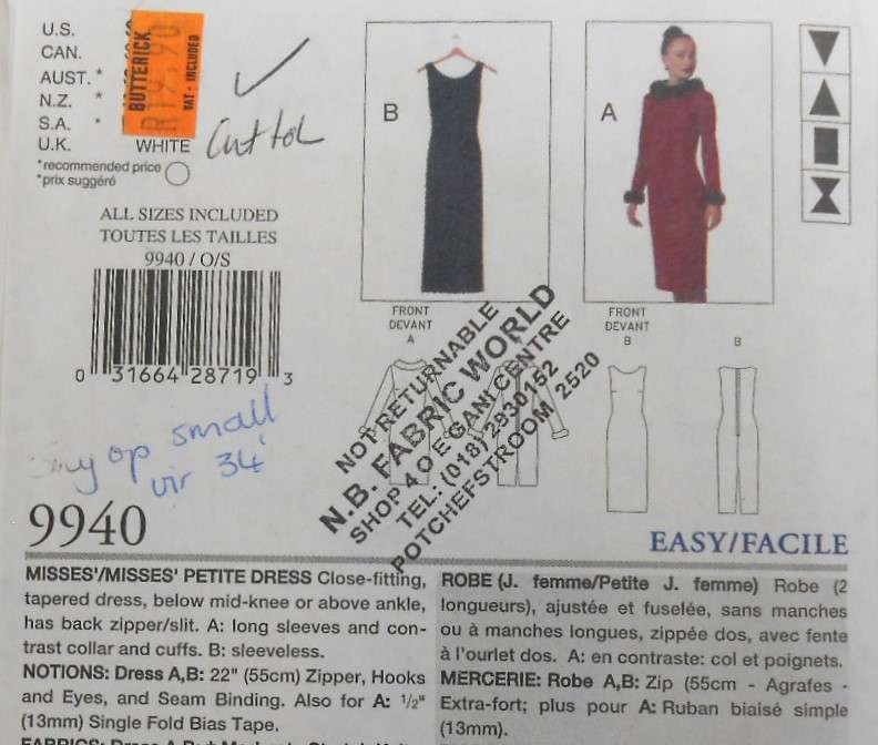 VOGUE 9940 CLOSE FITTING TAPERED DRESS WITH/OUT SLEEVES SIZE 6-22 COMPLETE-CUT TO 16-18