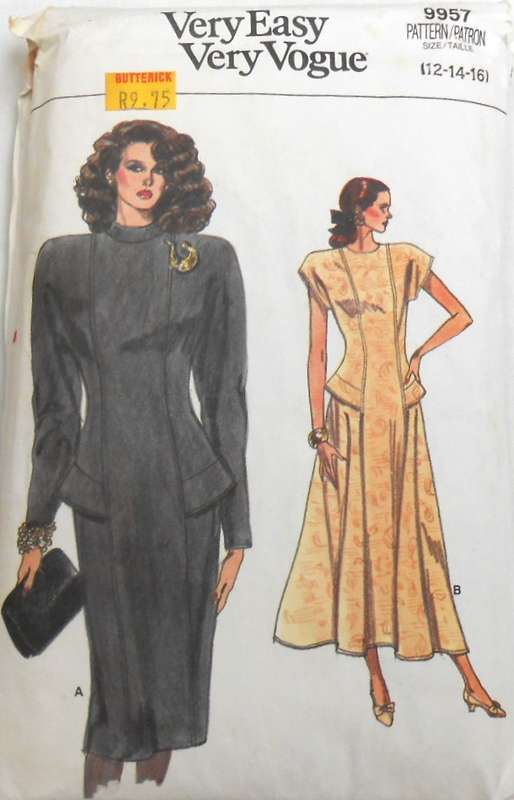 VOGUE 9957 CLOSE FITTING STRAIGHT OR FLARED DRESS SIZE 12-14-16 COMPLETE-UNCUT-F/FOLDED