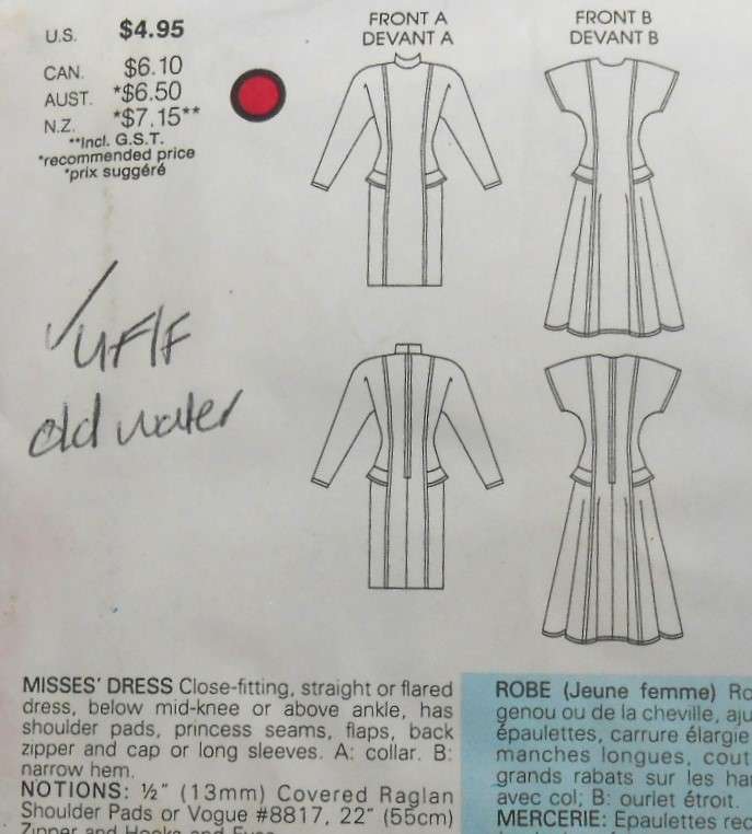 VOGUE 9957 CLOSE FITTING STRAIGHT OR FLARED DRESS SIZE 12-14-16 COMPLETE-UNCUT-F/FOLDED