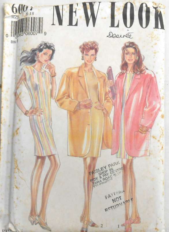 NEW LOOK PATTERNS 6007 COAT & SHIFT DRESS SIZE 8-18- COMPLETE-UNCUT-F/FOLDED