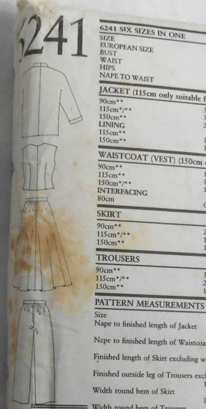NEW LOOK PATTERNS 6241 JACKET-WAISTCOAT-SKIRT SIZE 8-18 COMPLETE PART CUT TO 14-ZIPLOC