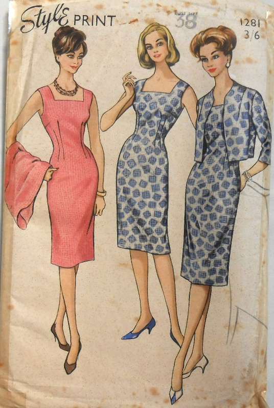 VINTAGE STYLE PRINT 1281 POPULAR SHEATH DRESS TOPPED WITH CARDIGAN JACKET SIZE BUST 38 COMPLETE