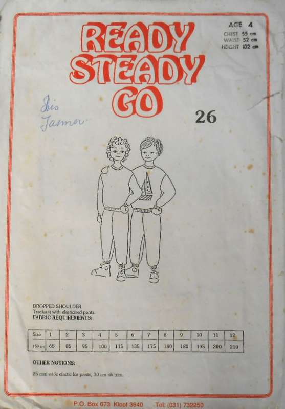 READY-STEADY-GO PATTERN-NUMBER 26 - KIDS DROPPED SHOULDER TRACKSUIT AGE 4 YEARS CHEST 55 CM
