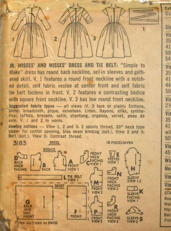 VINTAGE SIMPLICITY 3183 WOMANS DRESS & TIE BELT SIZE 18 BUST 38 -THE TIEBELT PATTERN IS NOT SUPPLIED
