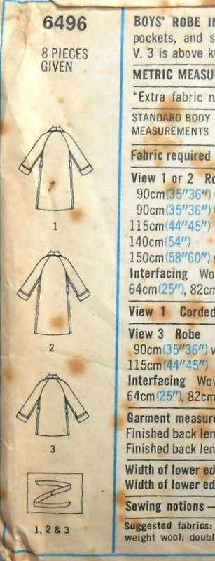 VINTAGE SIMPLICITY 6496 BOYS ROBE IN 2 LENGTHS SIZE 12 YEARS CHEST 76 CM - COMPLETE