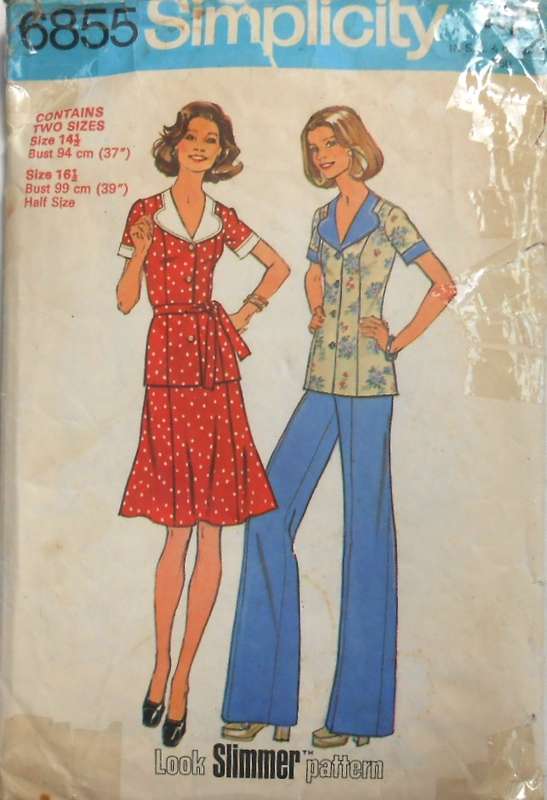 VINTAGE SIMPLICITY 6855 TWO PIECE DRESS OR TOP & PANTS SIZE 141/2 & 16 1/2 BUST 37 & 39-COMPLETE