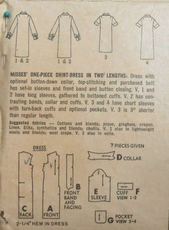 VINTAGE SIMPLICITY 6970 ONE PIECE SHIRTDRESS IN 2 LENGTHS SIZE 16 BUST 36-COMPLETE