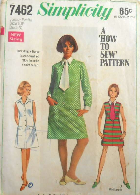 VINTAGE SIMPLICITY 7462 SHIRTDRESS IN 2 LENGTHS + TIE SIZE 5PJ BUST 31 1/2 COMPLETE-MOSTLY UNCUT