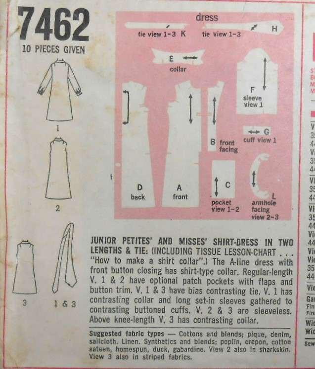 VINTAGE SIMPLICITY 7462 SHIRTDRESS IN 2 LENGTHS + TIE SIZE 5PJ BUST 31 1/2 COMPLETE-MOSTLY UNCUT