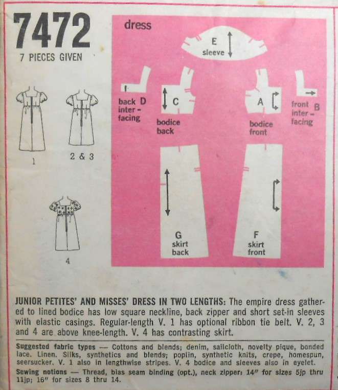 VINTAGE SIMPLICITY 7472 EMPIRE DRESS IN 2 LENGTHS SIZE 12 BUST 34 COMPLETE