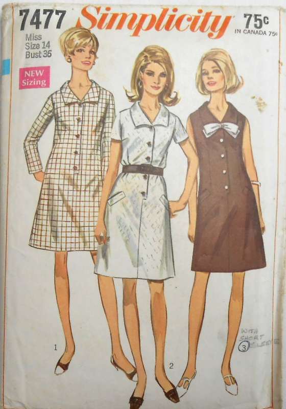 VINTAGE SIMPLICITY 7477 A-LINE DRESS WITH FRONT BUTTON CLOSING SIZE 14 BUST 36 COMPLETE