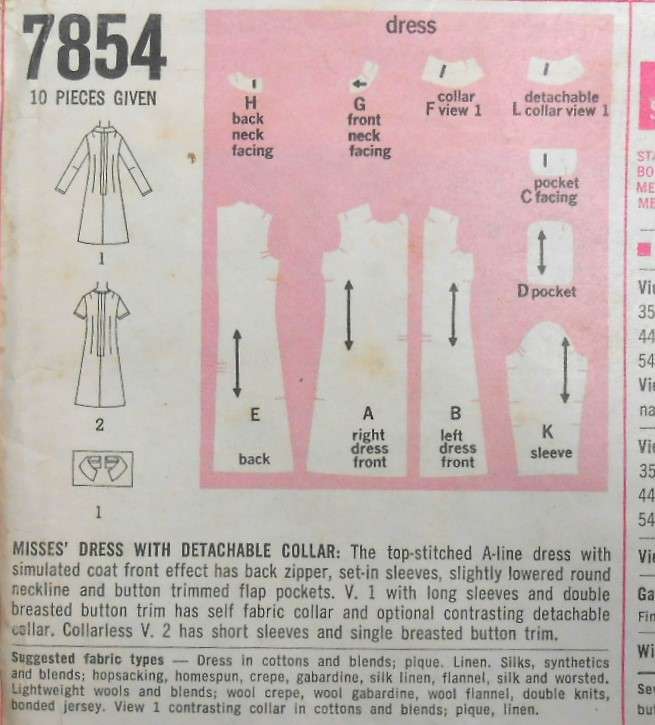 VINTAGE SIMPLICITY 7854 DRESS WITH DETACHABLE COLLAR SIZE 14 BUST 36 COMPLETE-UNCUT-F/FOLDED