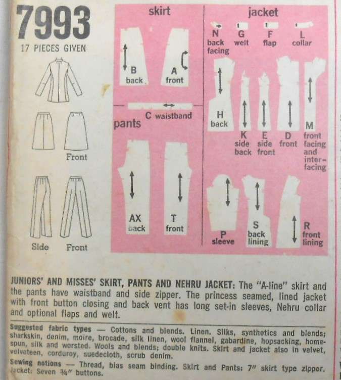 VINTAGE SIMPLICITY 7993 SKIRT-PANTS-NEHRU JACKET SIZE 9 BUST 32 -COMPLETE