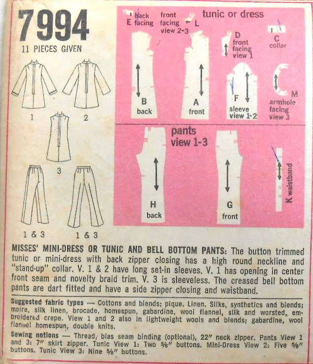 VINTAGE SIMPLICITY 7994 MINI DRESS-TUNIC BELL BOTTOM PANTS SIZE 10 BUST 32 1/2 -COMPLETE