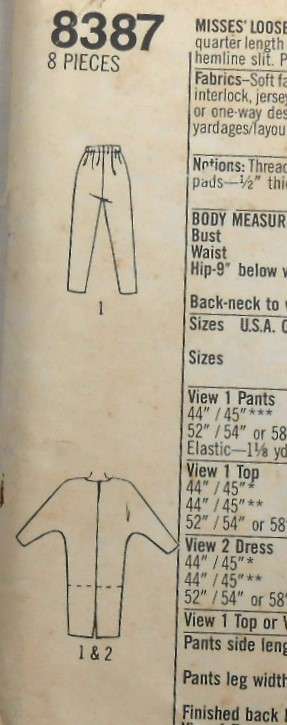 SIMPLICITY 8387 LOOSE FITTING PULLOVER DRESS-TOP-PANTS SIZE SMALL10-12 COMPLETE-UNCUT-F/FOLDED