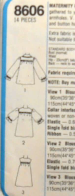SIMPLICITY 8606 MATERNITY PULLOVER BLOUSE SIZE 12 BUST 87 CM COMPLETE