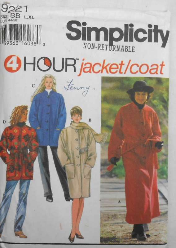SIMPLICITY 9221 LADIES COAT OR JACKET & SCARF SIZE L-XL (18-24) COMPLETE-UNCUT-F/FOLDED