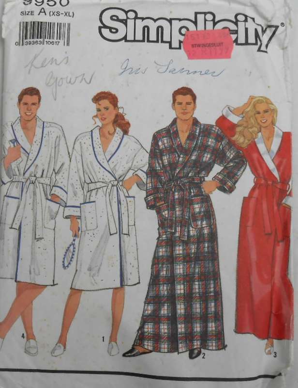 SIMPLICITY 9950 UNISEX ROBE IN 2 LENGTHS SIZE XS-XL (29-44) COMPLETE-CUT TO XL (42-44)
