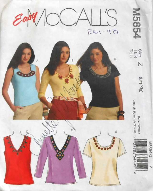 McCALLS M5854 FITTED PULLOVER TOPS SIZE LARGE-XLARGE (16-22) COMPLETE-CUT TO 20-22