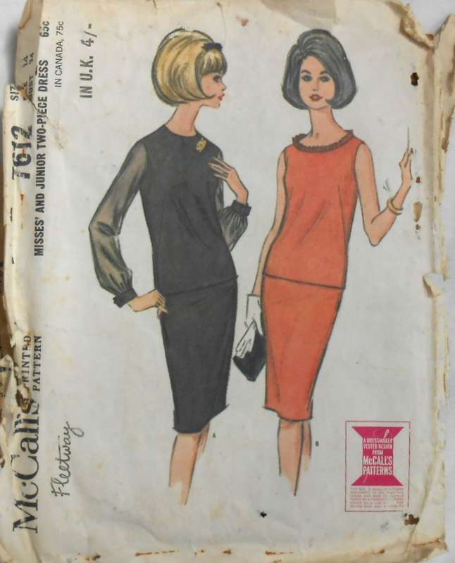 V/VINTAGE McCALLS 7612 TWO PIECE DRESS SIZE 14 BUST 34 COMPLETE-ZIPLOC