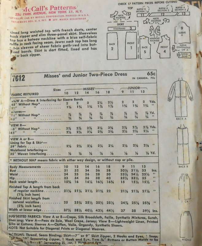 V/VINTAGE McCALLS 7612 TWO PIECE DRESS SIZE 14 BUST 34 COMPLETE-ZIPLOC