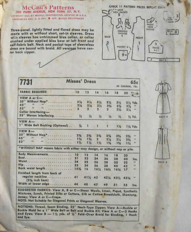 V/VINTAGE McCALLS 7731 THREE PANEL LIGHTLY FITTED DRESS SIZE 18 BUST 39 COMPLETE-ZIPLOC
