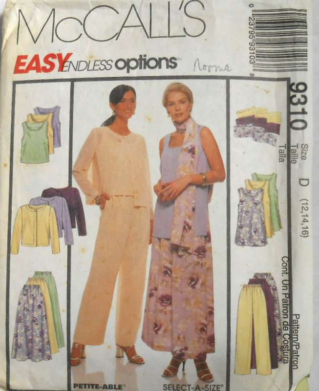 McCALLS 9310 UNLINED JACKET-TOP-PULL ON PANTS-SKIRT-SCARF SIZE 12-14-16 COMPLETE-CUT TO 16