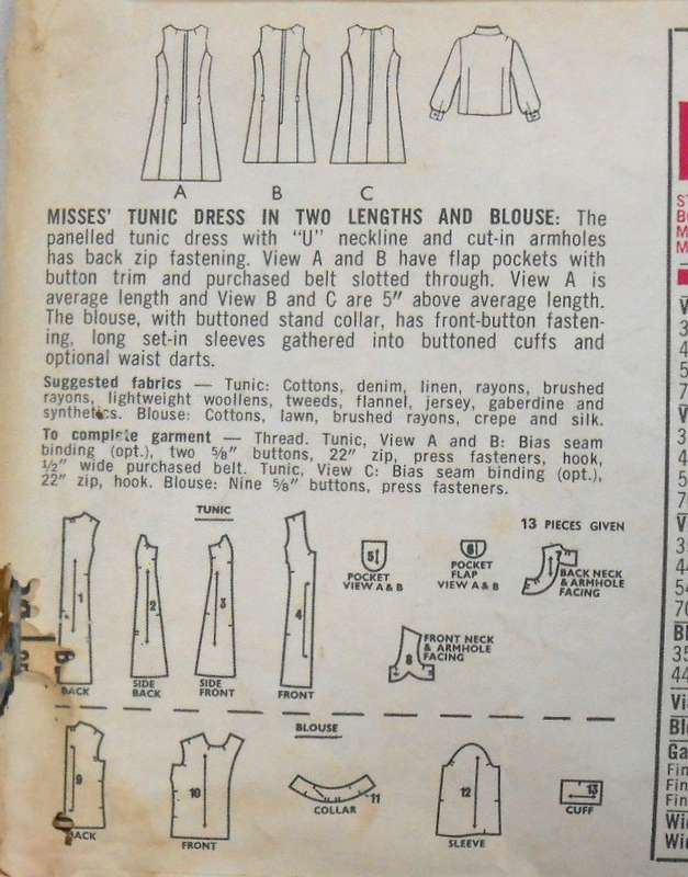 VINTAGE STYLE 2556 TUNIC DRESS IN 2 LENGTHS & BLOUSE SIZE 10 BUST 32 1/2 COMPLETE
