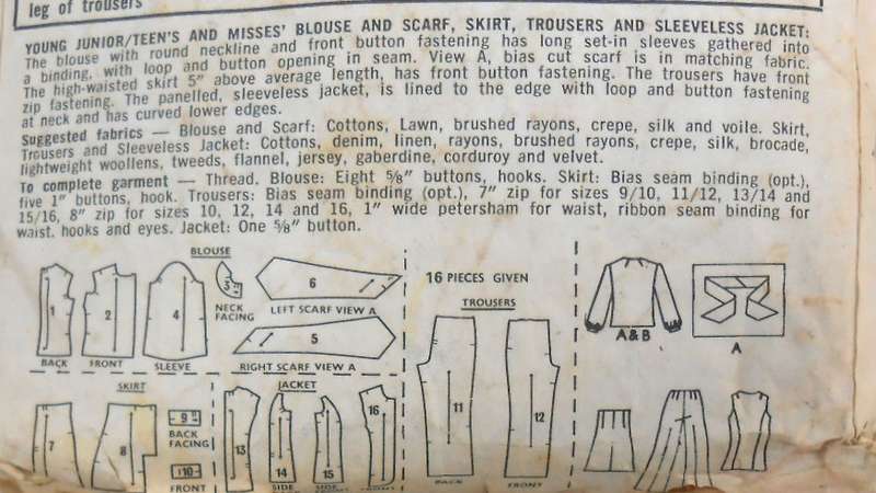VINTAGE STYLE 2561 BLOUSE-SCARF-PANTS-SKIRT-SLEEVELESS JACKET SIZE 12 BUST 34 COMPLETE