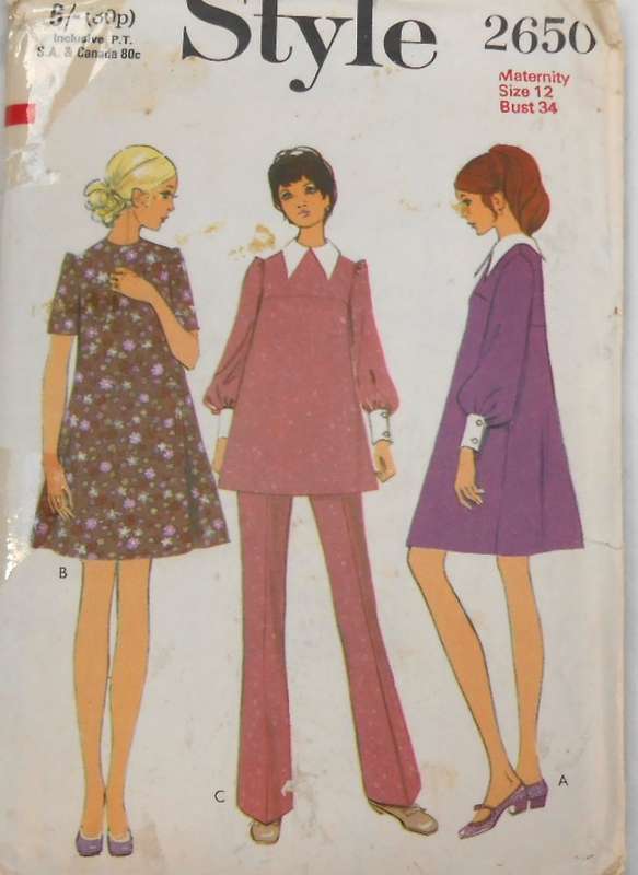 VINTAGE STYLE 2650 MATERNITY DRESS-TUNIC-PANTS SIZE 12 BUST 34 COMPLETE