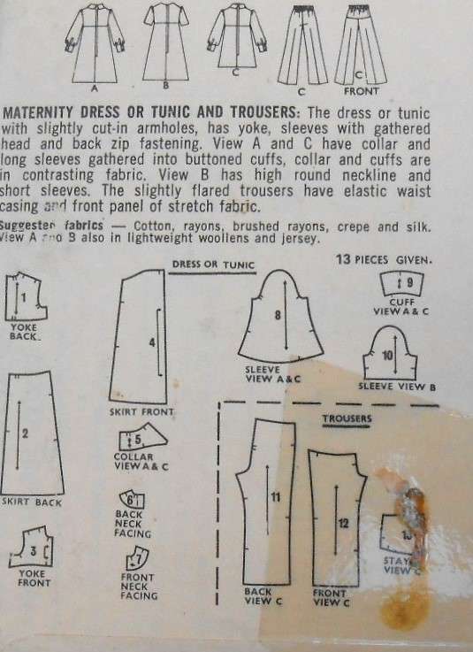 VINTAGE STYLE 2650 MATERNITY DRESS-TUNIC-PANTS SIZE 12 BUST 34 COMPLETE