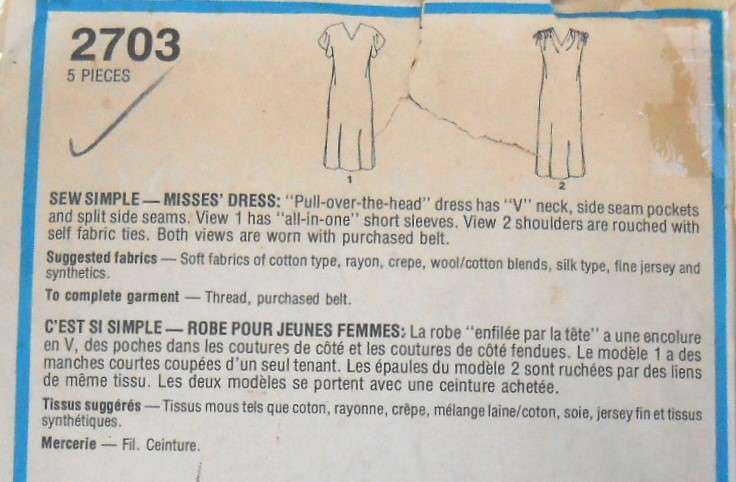 STYLE 2703 PULLOVER V NECK DRESS SIZE 12 BUST 34 COMPLETE