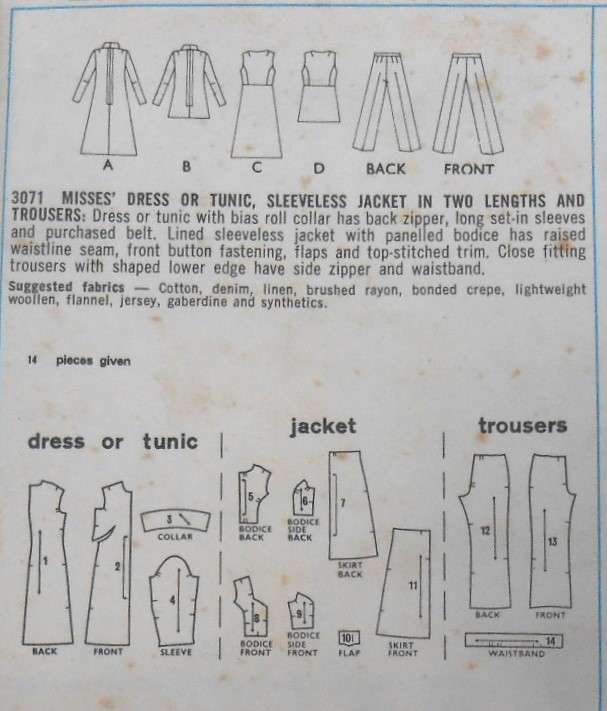 VINTAGE STYLE 3071 DRESS-TUNIC-SLEEVELESS JACKET-PANTS SIZE 10 BUST 32 1/2 COMPLETE
