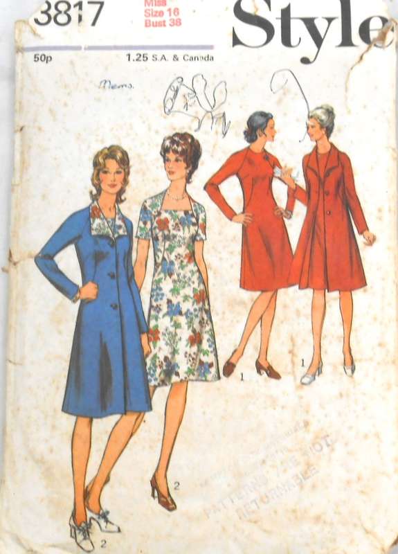VINTAGE STYLE 3817 LINED COAT WITH SQUARE NECK DRESS SIZE 16 BUST 38 COMPLETE