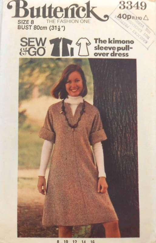 VINTAGE BUTTERICK 3349 THE KIMONO SLEEVE PULLOVER DRESS SIZE 8 BUST 80 CM COMPLETE